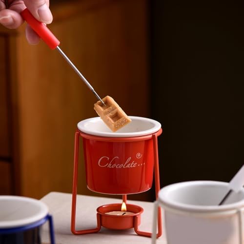 Thonlai Chocolate Fondue Mug Set Chocolate Melting Mug with Forks Cup Stand (Red) - 4