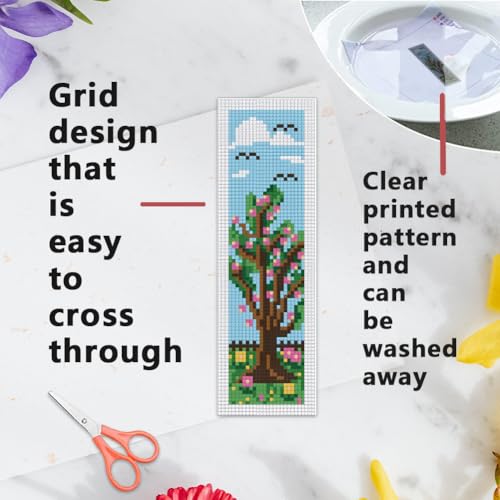 Image of INFUNLY 6PCS DIY Four Seasons Tree Cross Stitch Bookmark Kits 8.66 inch3.15 inch Spring Green Tree Stamped Embroidery Bookmark Kits with Instruction