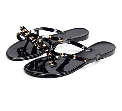 Omgard SHOES-FLAT-FF02-BLACK-38 Studded Jelly Shoes For Womens Bow Flip Flops Jellies Sandals Flat Size 7.5 thumb #6