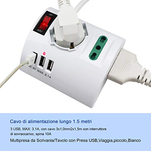 Extrastar Multipresa da Scrivania/Tavolo con 3 Presa USB,Presa con interruttore automatico di protezione 10A,Bianco,2500W,3 Prese (2 ITA/Schuko),1.5M