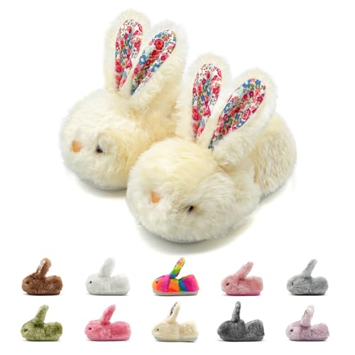 rosyclo Toddler Slippers Boy and Girl Bunny Slippers Long Plush Non-Slip Super Warm Animal Slippers, Suitable for Indoor and Outdoor Kids Slippers Beige Little Kid 9.5