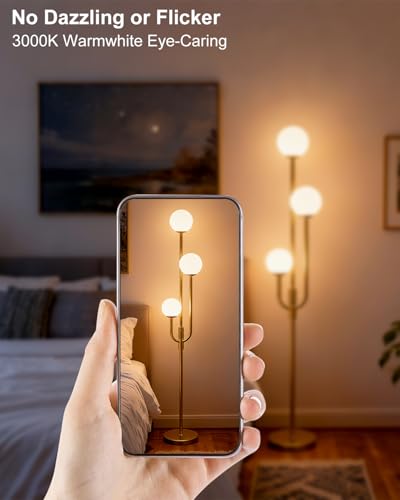 Image of Lightdot 66IN Gold Globe Floor Lamp 3-Lights Vintage Gold Dimmble Floor Lamps with Bulbs Included for Wedding Party Modern Tall Standing Lamp with 5Lbs Heavy Base for Living Room /Bedroom /Sofa Beside