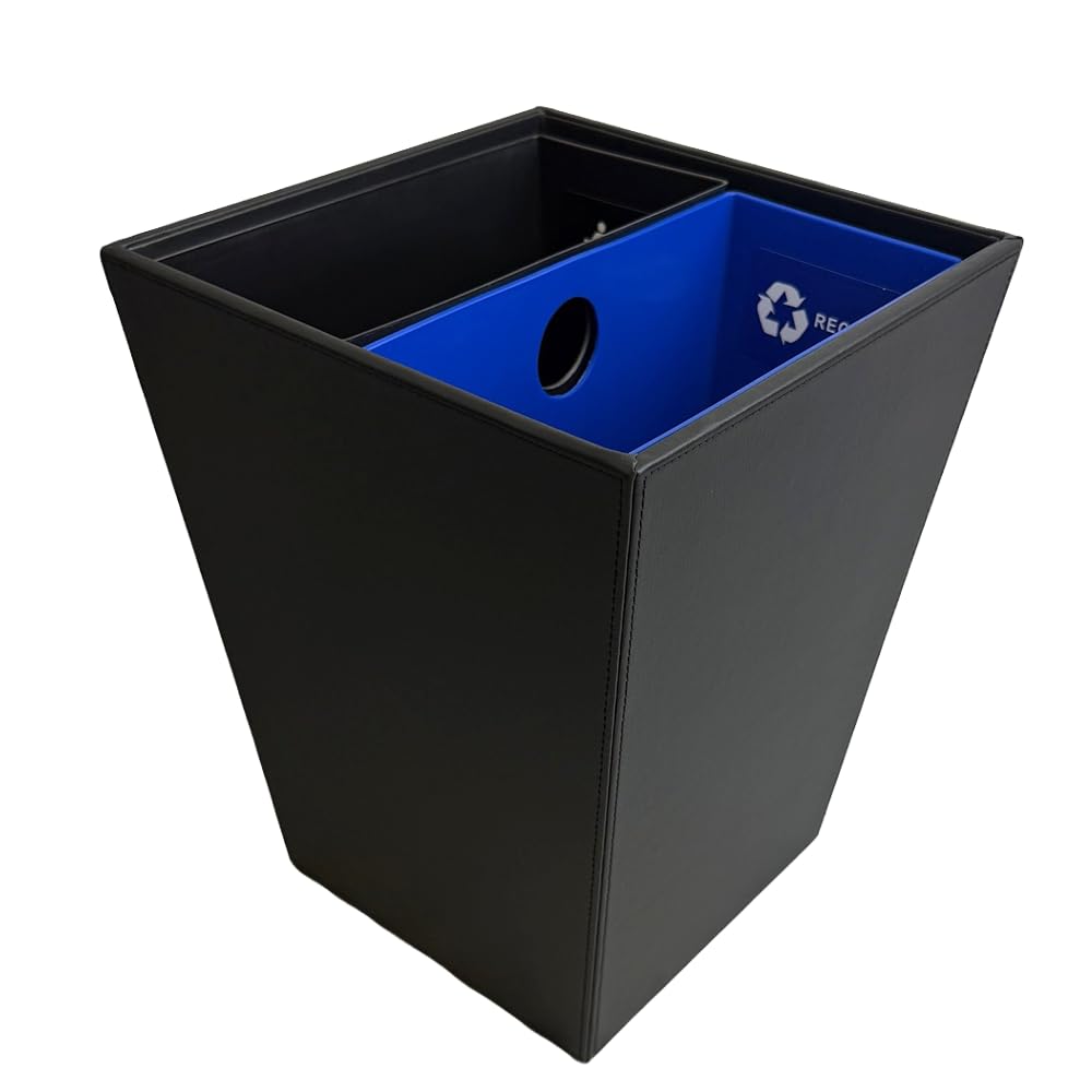 Black Leatherette Recycle & Trash Waste Bin with Dual Liners for Home or Office. 14.5 Quart Capacity.