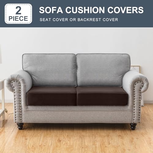 Image of Stretch Silver Fox Velvet Couch Cushion Cover - Soft and Comfortable Fuzzy Slipcover for Chair, Sofa, or Seat Cushion(2 Pcs for 2-Seat Cushion or Loveseat,Coffee)