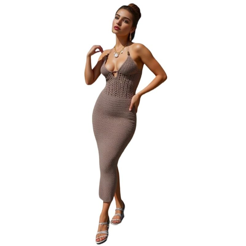 Image of Women's Sexy Halter Hollow Out Knitted Mini Dress Ruched Drawstring Sleeveless Backless Bodycon Summer Beach Dress