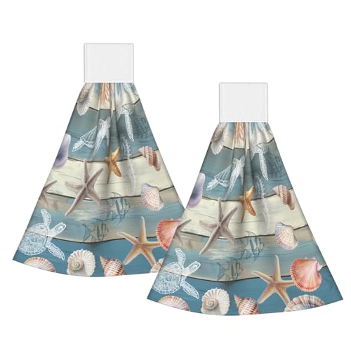 Giwawa Coastal Starfish Kitchen Hanging Towel Set of 2 Summer Sea Turtle Hand Tie Towel Soft Dish Tea Bar Towels for Bathroom Tabletop Room Decor
