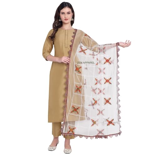 Image of ZEN APPAREL Women's Embroidered Net Dupatta with Lace Borders (Z-101) Premium Net Fabric Golden Aari Work