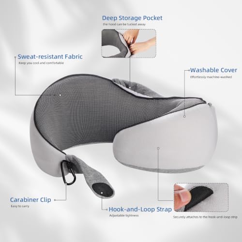Image of Travel Pillow, Hooded Neck Pillow Airplane for Sleeping, Memory Foam Traveling Pillow for Long Flights, Portable Plane Accessories (Charcoal Black)