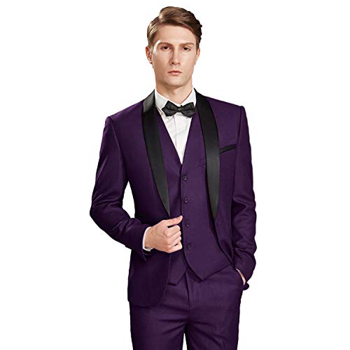 My's Mens 3-Piece Suit Shawl Lapel One Button Tuxedo Slim Fit Premium Dinner Jacket Vest Pants & Tie Set Black #TOP5