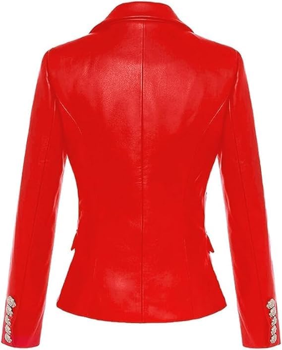 Women Double Breasted Fancy Buttons Blazer Real Sheepskin Leather - Kim Kardashian Coat Style Leather Jacket Collection