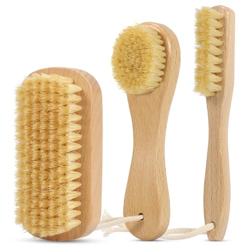 DEBETOOL 3-Piece Wooden Laundry Brush for Stains on Clothes - Gentle Boar Bristle Laundry Scrub Brush Stain Remover for Delicate and Everyday Fabrics