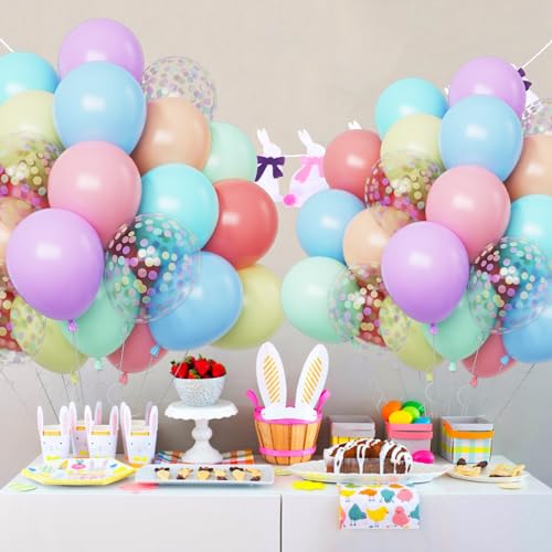 Image of Funhot Pastel Balloons, 60 Pcs Party Balloon Girls, 12 Inch Macaron Red Pink Blue Purple Green Yellow Orange Balloon Colorful Confetti for Birthday Baby Shower Wedding Easter Pastel Party Decoration