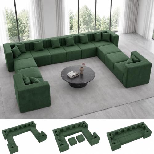 Image of MONVANE 185 inch U-Shaped 12 Seat Modular Sectional Cloud Couch, Forest Green | Sectional Couches for Living Room, High Supportive Backrests, Movable Ottomans, Deep Seat, No Assembly Required