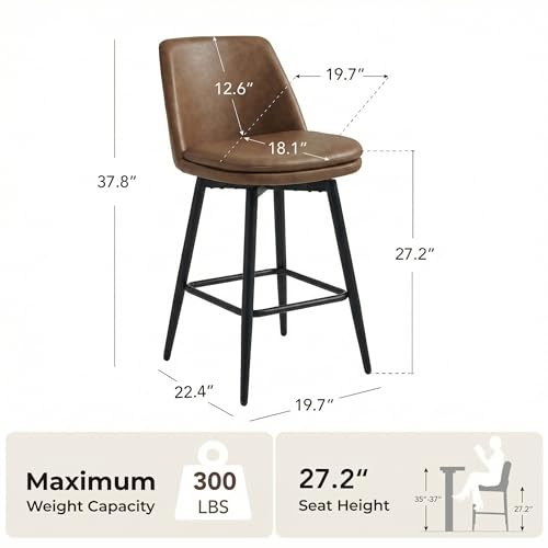 Image of CHITA Swivel Bar Stools, 27.2 inch Counter Height Bar Stools Set of 3, FSC Certified Upholstered Modern Counter Stools, Metal Legs, Faux Leather, Saddle Brown