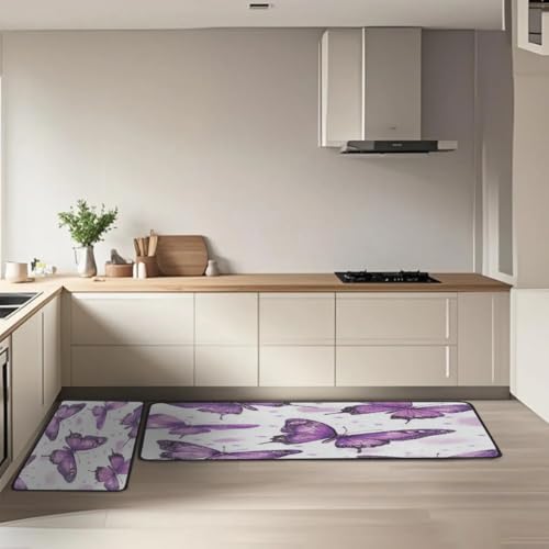 Tapis de cuisine antidérapants violet papillon en mousse 2 pièces - 7