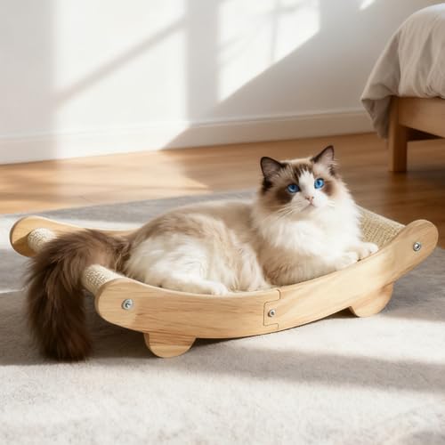 2-in-1 Natural Sisal Cat Scratcher Bed for Indoor Cats – Large Wooden Hammock Lounge Furniture with Solid Oak Frame, Easy Assembly for Large Cats Resting & Scratching