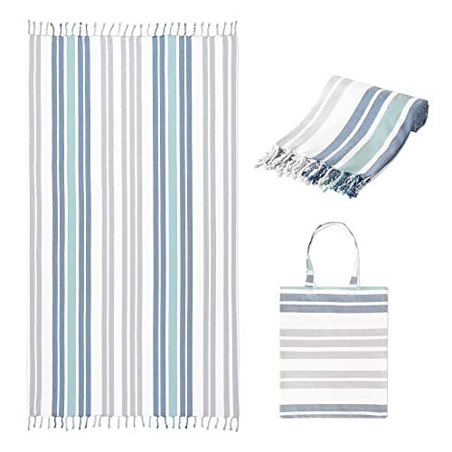 Folkulture Turkish Beach Towel For Adults With Travel Bag 40" X 72" Bath Towels, Beach Blanket Or Oversized Sandproof Beach Towels, 100% Cotton Quick Dry, Lightweight And Large, (Ocean Blue) #TOP11