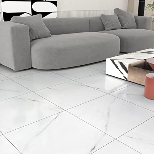 WESTICK 12 x 12 Inch 20 Pcs White Marble Adhesive Vinyl Flooring Bathroom Peel and Stick Floor Vinyl Tiles Self Stick on Floor Tiles Linoleum Laminate Sheets for Bedroom
