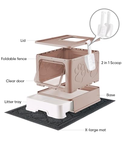 Image of Medario Cat Litter Box with X-Large Litter Mat and Scoop, Large Covered Litter Box with Lid, Enclosed Kitty Box,Front Top Entry Exit, Odor Control Easy to Clean (Upgrade Coffee)