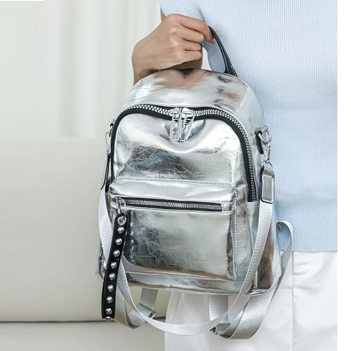 Image of Downupdown Women's Fashion Backpack with Rivet,Crossbody & Top Handle,Shiny Faux Leather Daypack for Casual,Travel&Nightlife-Silver