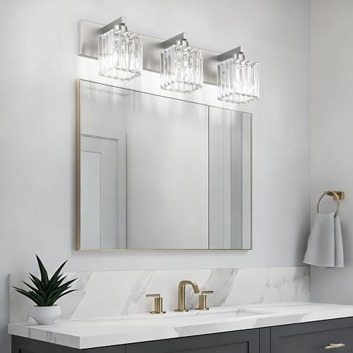 Image of Aipsun Brushed Nickel Vanity Light Bathroom Lighting Fixtures 3 Light Crystal Modern Bathroom Vanity Light (Exclude Bulb)