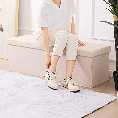 Image of Storage Ottoman Bench Foldable Footrest Foot Stool, 45 inch Fabric Cream | Small Ottoman Foot Rest Seat Shoe Bench Flip-Top forliving Room End of Bed Bedroom Couch Dorm 166L Folding Upholstered Chair