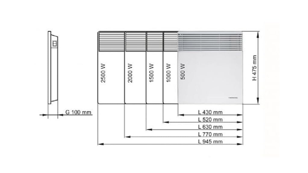 Thermoval Wandkonvektor 500W-1000W 1500W 2000W 2500W Konvektor Heizgerät Heizkörper mit Beinen inkl.Wandhalterung (1000W)
