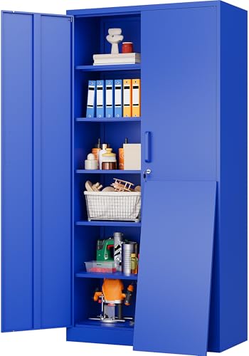 Image of SISESOL Blue Metal Storage Cabinet with 6 Shelves,71 inch Garage Storage Cabinet with Lock,6 Tier Steel Cabinets with Locking Doors,Lockable Cabinets for Home,Office,Shop,Garage