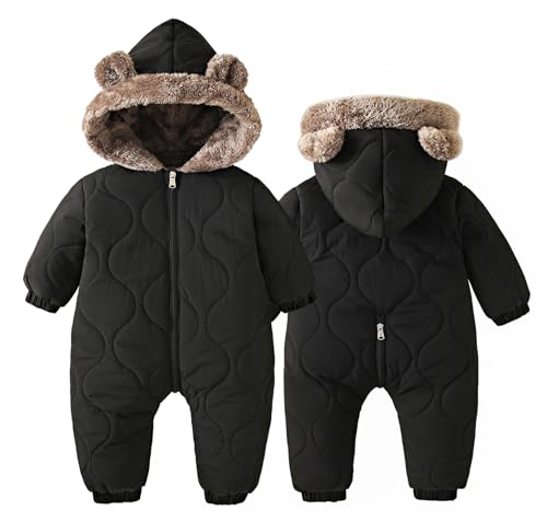 Image of SEAUR Baby Snowsuit Winter Coat Jacket Bear Hooded Romper Jumpsuit for Toddler Girls Boys Black 12-18 Months