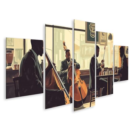 bilderfelix Tableau sur toile Musiciens de jazz dans un café ensoleillé - Toile 170x80 cm - 5 panneaux