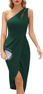 Women's One Shoulder Cutout Bodycon Ruched Dress Asymmetrical Slit Cocktail Party Midi Dresses