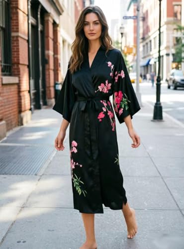Image of Women's Classic 100% Silk Kimono Robe, Bathrobe-Printed Pattern
