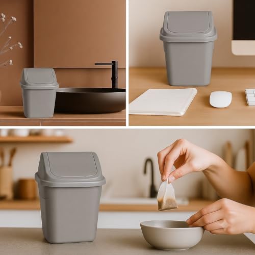 Image of COMET Plastics Table Dustbin With Swing Lid (4L) | Set Of 2 | Desktop Trash Can For Home, Office etc.|Strong and Durable Virgin Plastic Dustbin| 20cm x 18cm x 24cm| Light Grey