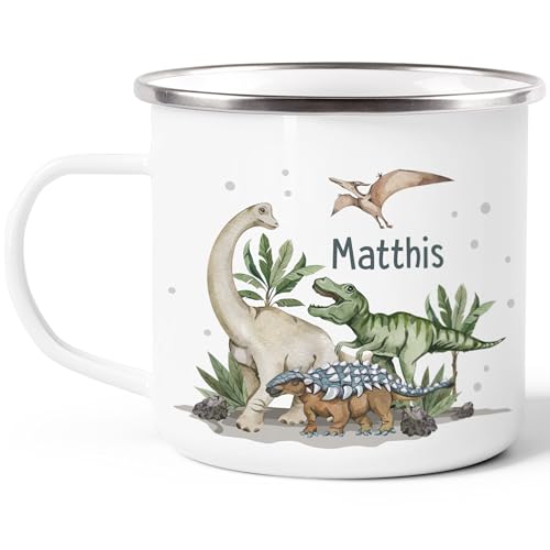 SpecialMe® Kinder-Tasse Emaille Dino mit Namen personalisiert Dinosaurier Namenstasse individuelle Geschenke Emaille-weiss-silber standard – Ansicht 2