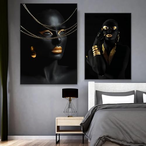 Art mural africain moderne tableau or et noir grand format x3 - 2
