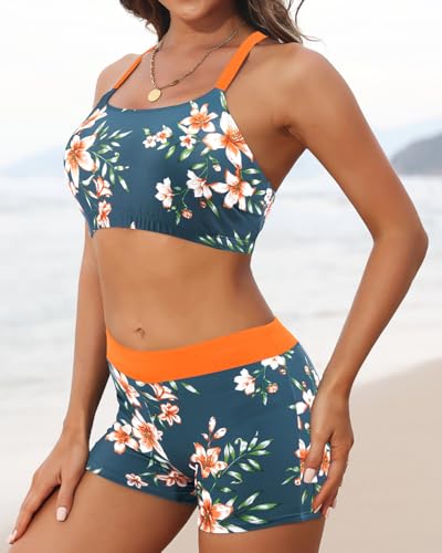 Image of 3 Piece Swimsuits Open Tie Back Tankini Top And Athletic Swim Shorts | Supportive Strappy Swim Bra, Adjustable Straps, Removable Pads, Tummy Control Boyshorts, Quick Dry Fabric, XXS-20 Plus