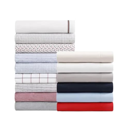 Image of Tommy Hilfiger - Sheet Set, Cotton Percale Bedding with Matching Pillowcases, Crisp & Cool, Premium Quality Home Essentials (Highland Ticking Stripe Red, Full)