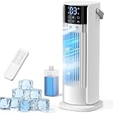 Aire Acondicionado Portátil Sin Tubo Exterior, 4 en 1 Ventilador Refrigeración, 3 Niveles de Velocidad, Función de Nebulización, Oscilación de 90°, Pantalla LED, con Mando a Distancia (Blanco)
