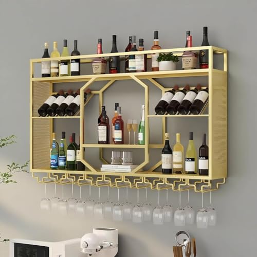 RAJYQODIS Wall Mounted Wine Rack, 3-Tiers Metal Bar Bottle Holder, Modern Wine Glass Storage Display Shelves, Wall Wine Rack for Kitchen Bar Dining Rooms Decoration ? (Gold, 47.24in/120cm)