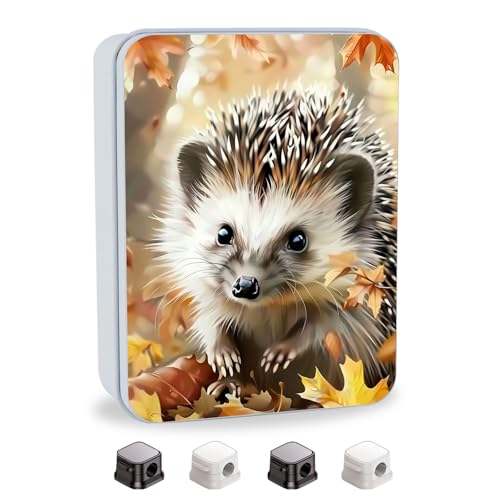 Image of Metal Tin Box with Lid,Multi-functional Storage Large Box Can Store Tea Biscuits Game Cards, Playing & Tarot Cards-Comes with 4 Magnetic Cord Clips,Hedgehog in Autumn Leaves