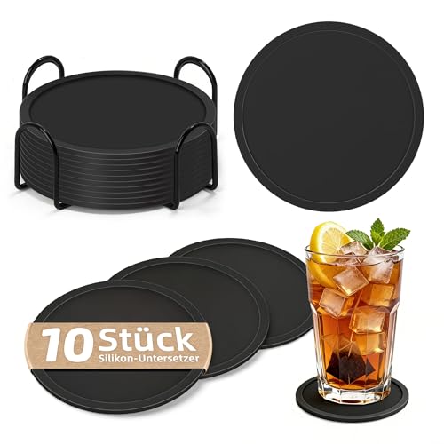 HELIMIAO Untersetzer Gläser Silikon mit Halter rutschfest Glasuntersetzer mit Hohem Rand für Auslaufschutz Hitzebeständig Tassenuntersetzer für Couchtisch Esstisch&Bar 10Stück mit Halter Schwarz
