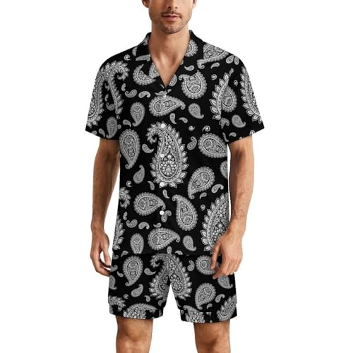 Men's Short Sleeve Pajama Set Black And White Paisley Sleepwear Shorts Summer Loungewear 2 Piece Button Down Nightwear