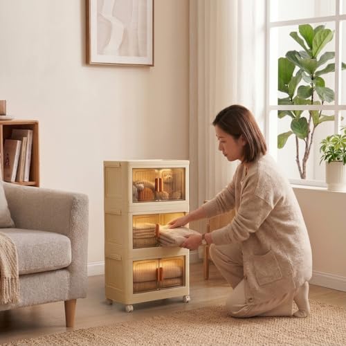 Image of Tarkan DIY Stackable Storage Cabinet with Wheels, 50x25x72 cm, 3-Tier Magnetic Door Organiser, Transparent Panels, Cream