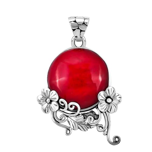 Red Coral Pendant in 925 Sterling Silver - Handmade Bali Coral Cabochon Pendant for Necklace - Natural Gemstone Birthstone Costume Jewelry for Women Birthday Gifts for Womens