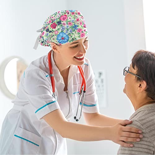 Image of Butterfly Scrub Cap Women with Ponytail & Buttons Adjustable Surgical Nurse Hat with Cotton Sweatband for Long Hair