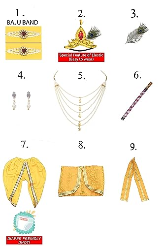 Image of Raj Fancy Dresses Shri Krishna Dress for Baby Boy & Girl, Janmashtmi Dress with Diaper-friendly Dhoti & Dupatta, Mor Pankh Mukut,RFD-BKP- 4, 3-Months