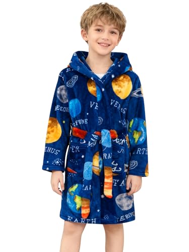 LANKMEI Boys Hooded Fleece Robe Cute Cartoon Pattern Bathrobe Comfy Plush Flannel Long Robes Toddler Winter Robe Sleepwear with Belt, Blue Planet, Tag 130 = 6 Years
