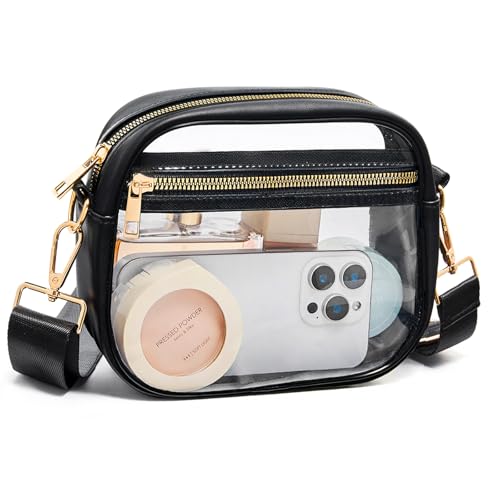 Fibrdoo Clear Bag Stadium Approved, Leather Clear Crossbody Purse Bag for Concerts Sports Events Festivals (Black)