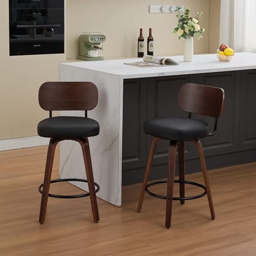 Image of YaFiti Swivel Bar Stools Set of 2, 26 inch Upholstered Faux Leather Counter Height Barstools with Walnut Back & Bentwood Legs, Mid Century Modern Bar Chairs Island Stools for Kitchen Counter, Black PU