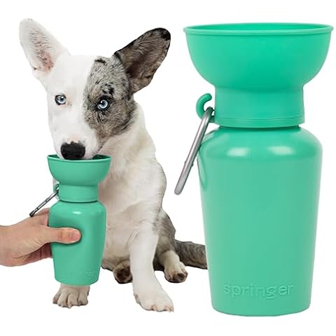 Springer Flip Portable Dog Water Bottle with Foldable Food Grade Silicone Bowl - 20 Ounce Travel Dog Water Bottle Ideal for Camping - Easy Squeeze Hydration & Release to Drain Cover